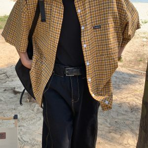 Plaid Short Sleeve Shirt for Women - Handmade Vintage Style, Loose Casual Fit, Versatile Summer Trend