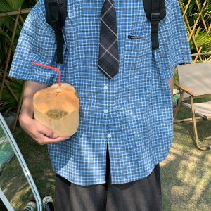 Plaid Short Sleeve Shirt for Women - Handmade Vintage Style, Loose Casual Fit, Versatile Summer Trend