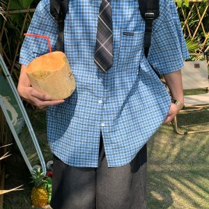 Plaid Short Sleeve Shirt for Women - Handmade Vintage Style, Loose Casual Fit, Versatile Summer Trend