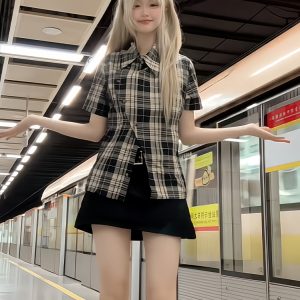 Plaid Short-Sleeve Shirt Jacket for Women - Irregular Button-Up, Slim Fit, American Style, 2025 Summer Fashion