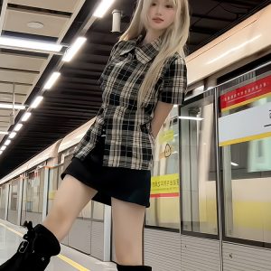 Plaid Short-Sleeve Shirt Jacket for Women - Irregular Button-Up, Slim Fit, American Style, 2025 Summer Fashion