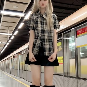 Plaid Short-Sleeve Shirt Jacket for Women - Irregular Button-Up, Slim Fit, American Style, 2025 Summer Fashion