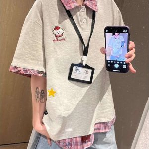 Plaid Spliced Embroidered Puppy Fake Two-Piece Polo Shirt - Women's Short Sleeve T-Shirt for Summer College Style