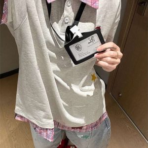 Plaid Spliced Embroidered Puppy Fake Two-Piece Polo Shirt - Women's Short Sleeve T-Shirt for Summer College Style