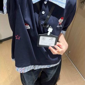 Plaid Spliced Embroidered Puppy Fake Two-Piece Polo Shirt - Women's Short Sleeve T-Shirt for Summer College Style