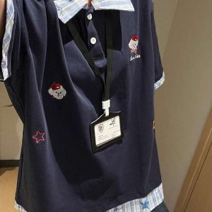 Plaid Spliced Embroidered Puppy Fake Two-Piece Polo Shirt - Women's Short Sleeve T-Shirt for Summer College Style