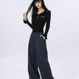 Plaid Wide-Leg Casual Pants for Women - Summer Thin Straight Loose BF Style, Beer Team Captain Inspired Fashion