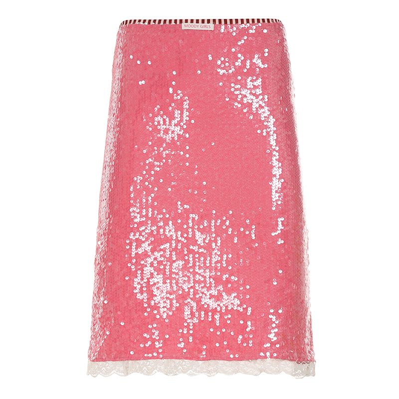 Playful Guava Pink Sequined Bodycon Half Skirt with Lace Trim - Trendy Y2K Style for a Chic Look