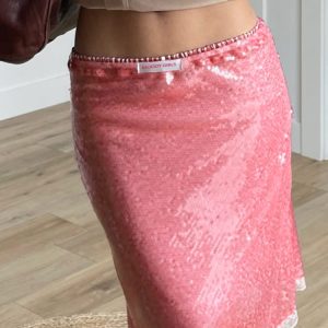 Playful Guava Pink Sequined Bodycon Half Skirt with Lace Trim - Trendy Y2K Style for a Chic Look