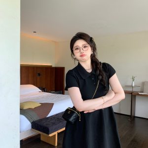 Playful Plus Size Little Black Dress with Polo Collar, Stretchy Slimming Puff A-Line Design for Effortless Style