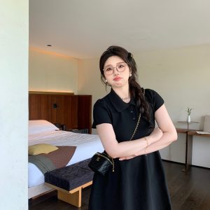 Playful Plus Size Little Black Dress with Polo Collar, Stretchy Slimming Puff A-Line Design for Effortless Style