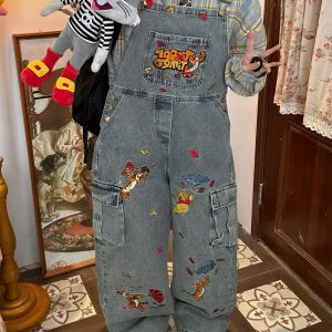 Playful Vintage Washed Blue Denim Overalls Unisex Jumpsuit - Retro Style Versatile Fashion for 90s & Y2K Aesthetic