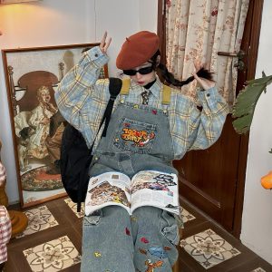 Playful Vintage Washed Blue Denim Overalls Unisex Jumpsuit - Retro Style Versatile Fashion for 90s & Y2K Aesthetic