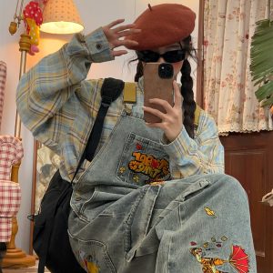 Playful Vintage Washed Blue Denim Overalls Unisex Jumpsuit - Retro Style Versatile Fashion for 90s & Y2K Aesthetic