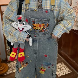 Playful Vintage Washed Blue Denim Overalls Unisex Jumpsuit - Retro Style Versatile Fashion for 90s & Y2K Aesthetic