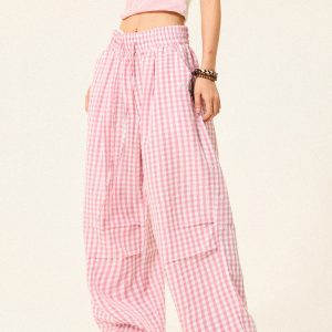 Pleated Checkered Casual Cargo Pants for Women - Summer Thin Wide-Leg Trousers - Y2K Inspired Floor-Length Fashion