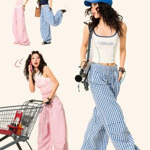 Pleated Checkered Casual Cargo Pants for Women - Summer Thin Wide-Leg Trousers - Y2K Inspired Floor-Length Fashion