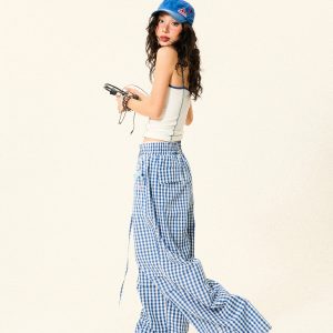 Pleated Checkered Casual Cargo Pants for Women - Summer Thin Wide-Leg Trousers - Y2K Inspired Floor-Length Fashion