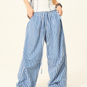 Pleated Checkered Casual Cargo Pants for Women - Summer Thin Wide-Leg Trousers - Y2K Inspired Floor-Length Fashion