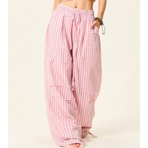 Pleated Checkered Casual Cargo Pants for Women - Summer Thin Wide-Leg Trousers - Y2K Inspired Floor-Length Fashion