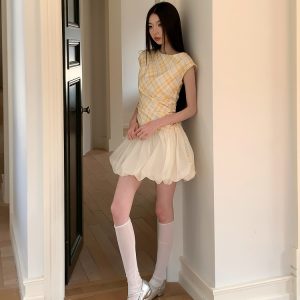 Pleated Summer Flower Bud Dress with Drawstring Waist and Short Sleeves - Slimming Design, Perfect for 90s and Y2K Style