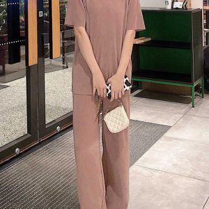 Pleated Two-Piece Set, Miyake Pleats, Slimming Casual Women's Round Neck Top with Straight Floor-Length Pants, Spring/Summer Fashion