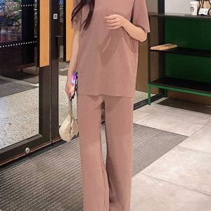 Pleated Two-Piece Set, Miyake Pleats, Slimming Casual Women's Round Neck Top with Straight Floor-Length Pants, Spring/Summer Fashion