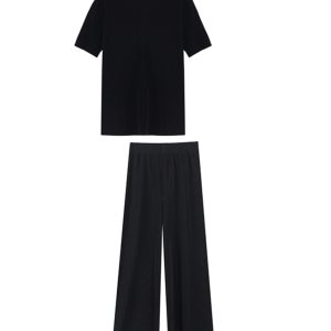 Pleated Two-Piece Set, Miyake Pleats, Slimming Casual Women's Round Neck Top with Straight Floor-Length Pants, Spring/Summer Fashion