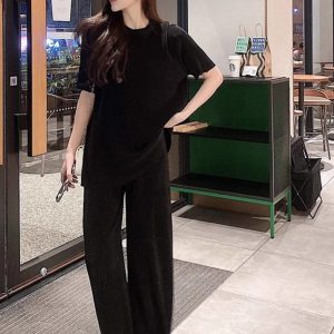 Pleated Two-Piece Set, Miyake Pleats, Slimming Casual Women's Round Neck Top with Straight Floor-Length Pants, Spring/Summer Fashion