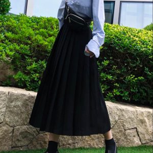 Pleated Umbrella Skirt - Retro Mid-Length Gray Skirt with Pockets for Spring Summer - Stylish High-Temperature Fashion