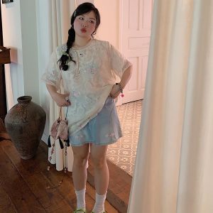 Plus Size A-Line Denim Skirt for Women, Buckle Spliced Design, 2025 Summer Fashion, Trendy Short Skirt for Curvy Style