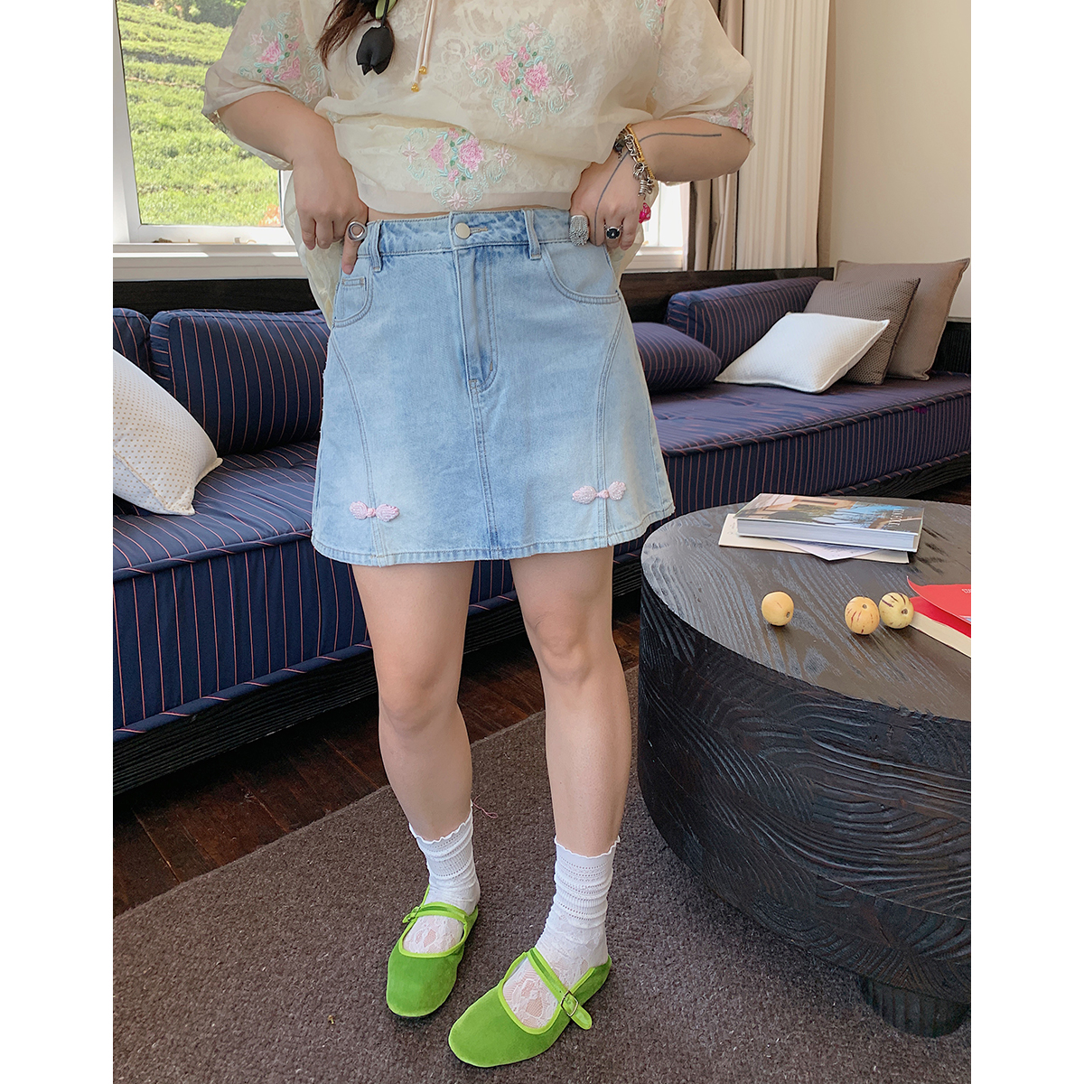 Plus Size A-Line Denim Skirt for Women, Buckle Spliced Design, 2025 Summer Fashion, Trendy Short Skirt for Curvy Style