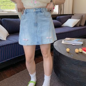 Plus Size A-Line Denim Skirt for Women, Buckle Spliced Design, 2025 Summer Fashion, Trendy Short Skirt for Curvy Style