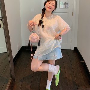 Plus Size A-Line Denim Skirt for Women, Buckle Spliced Design, 2025 Summer Fashion, Trendy Short Skirt for Curvy Style