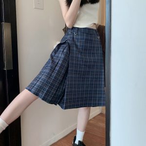 Plus Size A-Line Plaid High-Waisted Mid-Length Pleated Skirt - Women's American College Style Umbrella Skirt