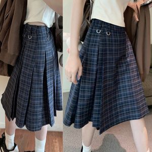 Plus Size A-Line Plaid High-Waisted Mid-Length Pleated Skirt - Women's American College Style Umbrella Skirt