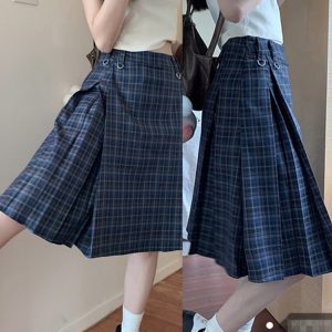 Plus Size A-Line Plaid High-Waisted Mid-Length Pleated Skirt - Women's American College Style Umbrella Skirt