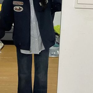 Plus Size American Retro Embroidered Patch Color-Blocking Lapel Jacket for Women - Spring Autumn Baseball Style for Curvy Fits