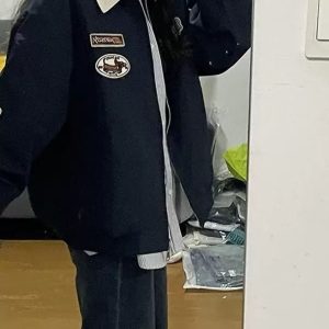 Plus Size American Retro Embroidered Patch Color-Blocking Lapel Jacket for Women - Spring Autumn Baseball Style for Curvy Fits