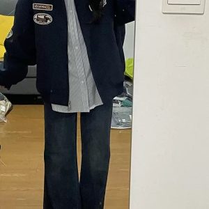 Plus Size American Retro Embroidered Patch Color-Blocking Lapel Jacket for Women - Spring Autumn Baseball Style for Curvy Fits