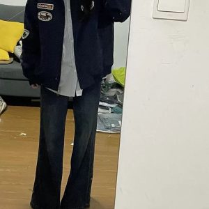 Plus Size American Retro Embroidered Patch Color-Blocking Lapel Jacket for Women - Spring Autumn Baseball Style for Curvy Fits