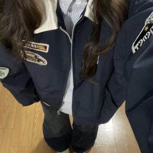 Plus Size American Retro Embroidered Patch Color-Blocking Lapel Jacket for Women - Spring Autumn Baseball Style for Curvy Fits