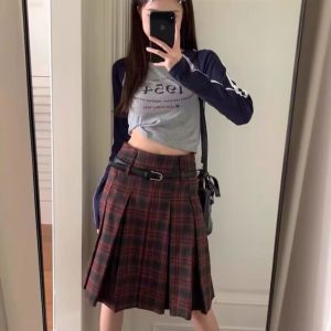 Plus Size American Retro Plaid Pleated Skirt for Women - Mid-Length Red Checkered Spring Summer Fashion