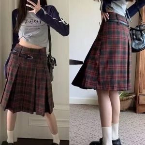 Plus Size American Retro Plaid Pleated Skirt for Women - Mid-Length Red Checkered Spring Summer Fashion