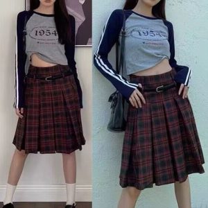 Plus Size American Retro Plaid Pleated Skirt for Women - Mid-Length Red Checkered Spring Summer Fashion