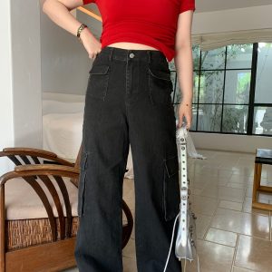 Plus Size American Retro Straight-Leg Multi-Pocket Wide-Leg Casual Work Pants for a Cool 90s Vibe