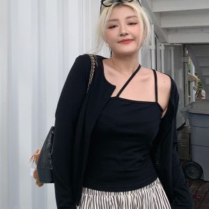 Plus Size American Street Style Sexy Slim Fit Sun Protection Cardigan & Camisole Two-Piece Set for Summer Fashion