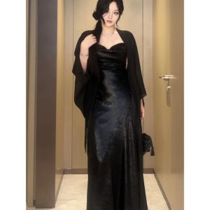 Plus-Size Backless Draped Strap Dress Set with Shawl - Flattering Long Skirt for Summer, Sexy Pure Desire Style