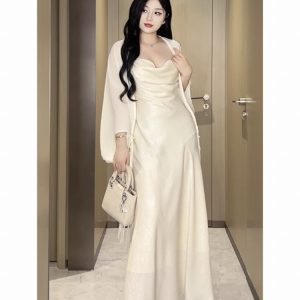 Plus-Size Backless Draped Strap Dress Set with Shawl - Flattering Long Skirt for Summer, Sexy Pure Desire Style