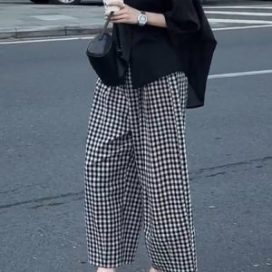 Plus Size Black and White Checkered Wide-Leg Pants for Women - Loose High-Waisted Trousers for Petite Sizes, 2025 Trend